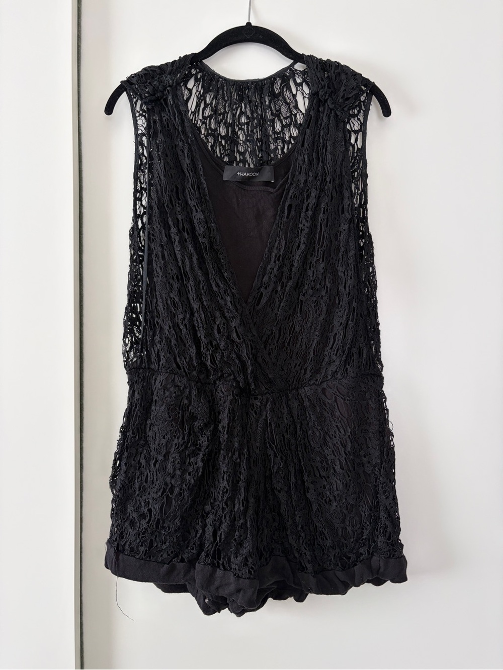 Thakoon Black Lace Sleeveless Romper with V-Neck
